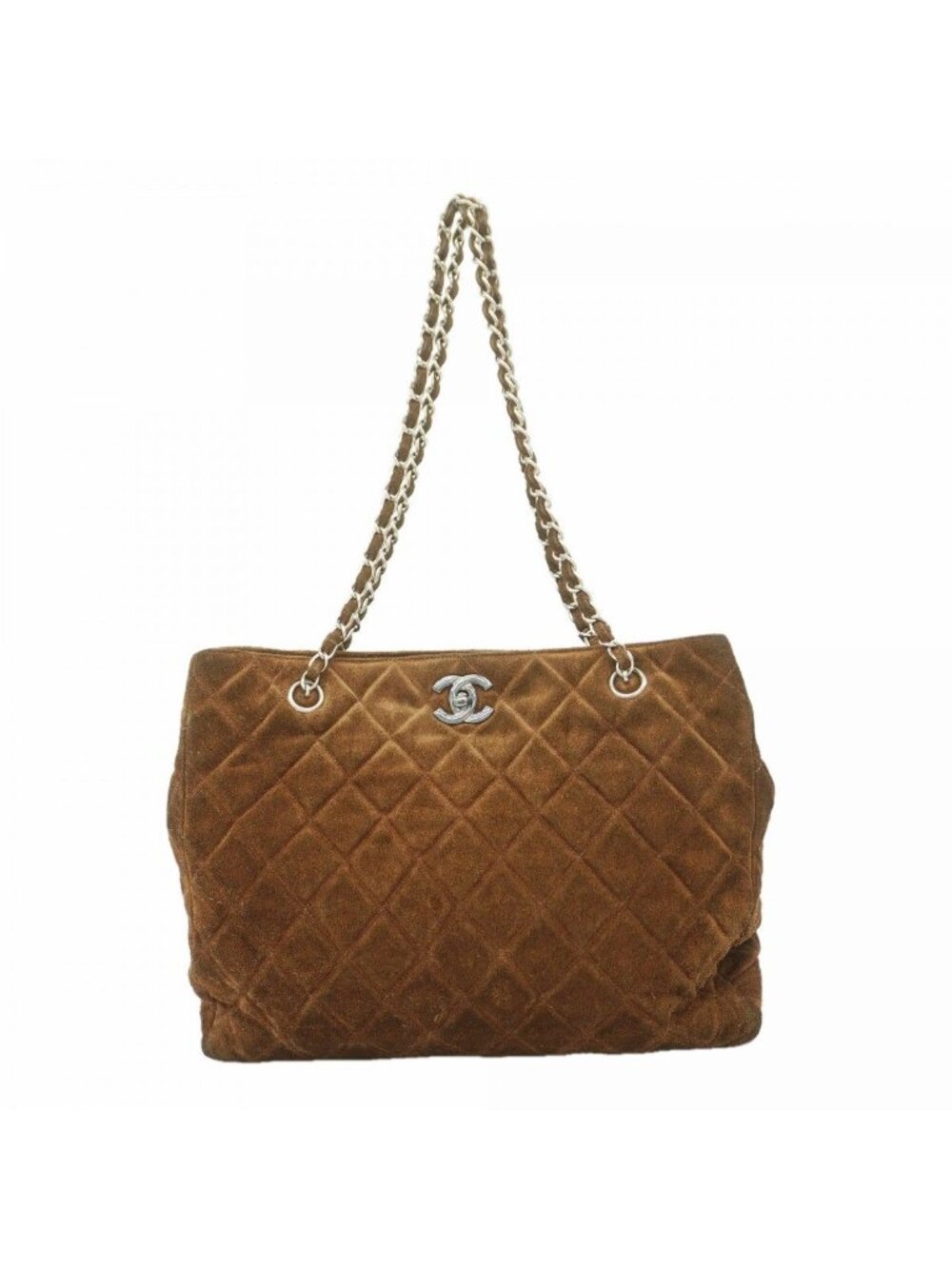 Chanel Chain Tote Quilted Suede Brown Silver
